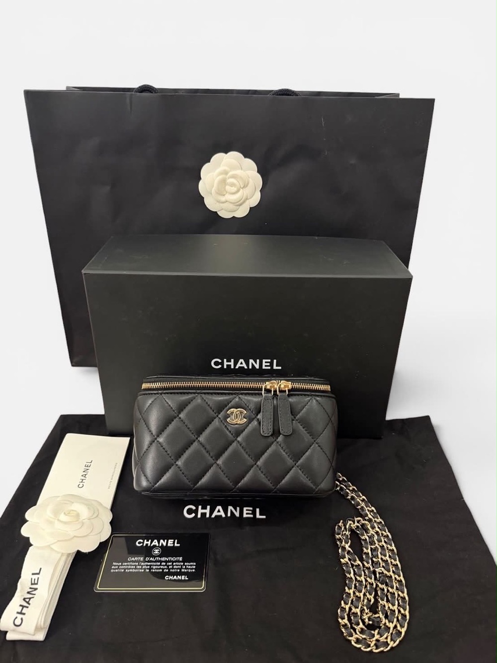 CHANEL Black Quilted Leather Vanity with Gold Chain